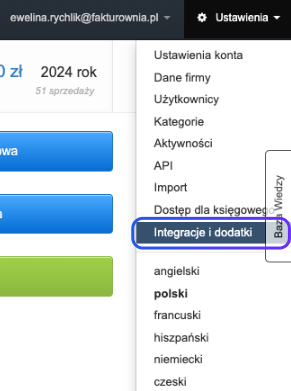 Menu ustawień w Fakturowni z wybraną opcją Integracje i dodatki, dostęp do konfiguracji API oraz innych funkcji księgowych.