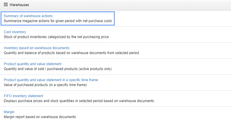 Summary warehouse actions