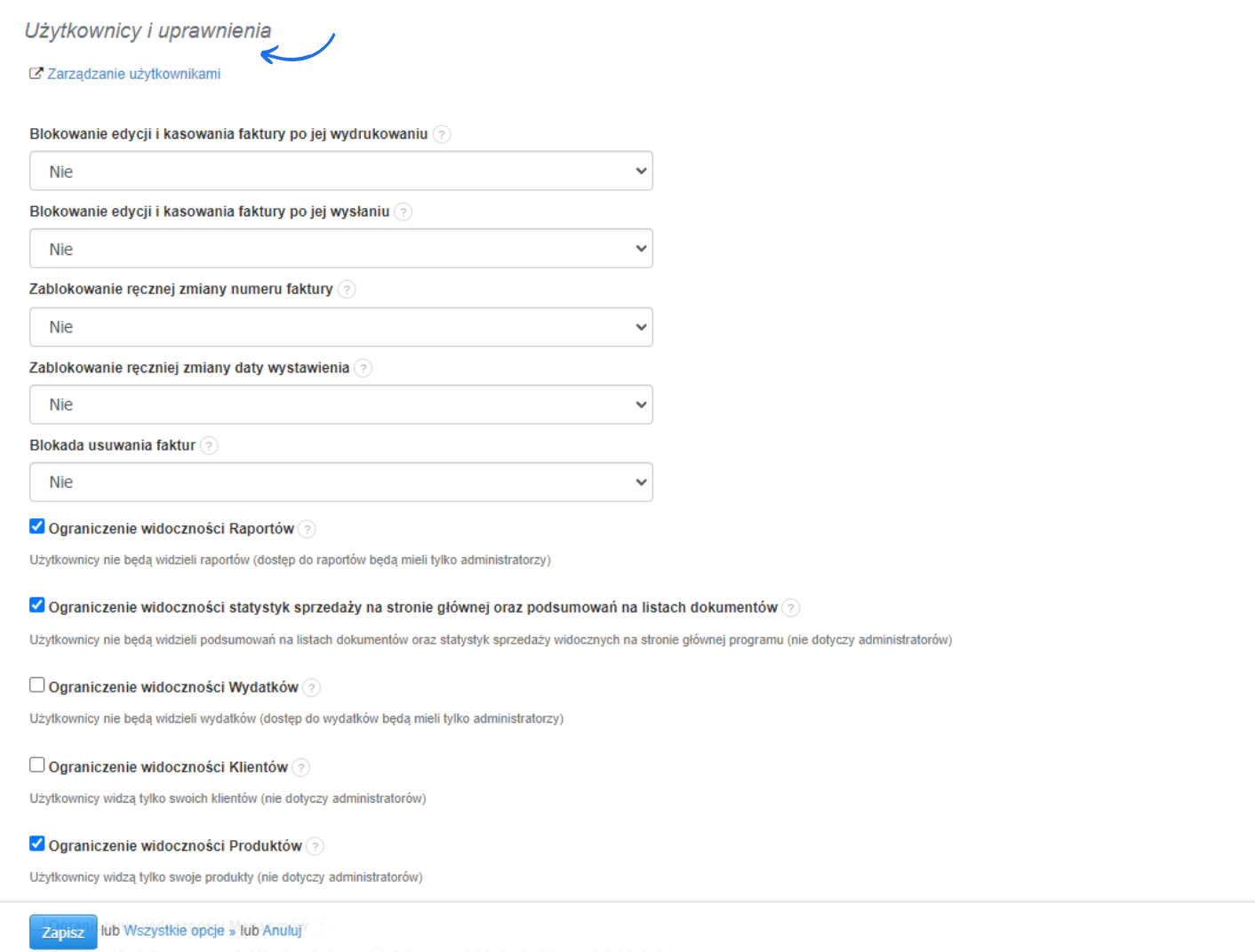 Ustawienia użytkowników i uprawnień w systemie Fakturownia.pl, z opcjami blokowania edycji faktur i ograniczeniami widoczności raportów, wydatków, klientów oraz produktów.
