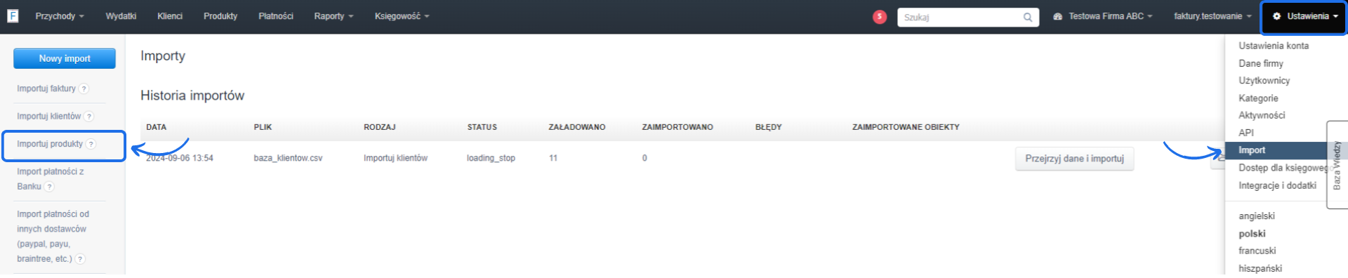 Panel importu produktów z wyświetloną historią importów oraz dostępem do opcji importu faktur, klientów i produktów.