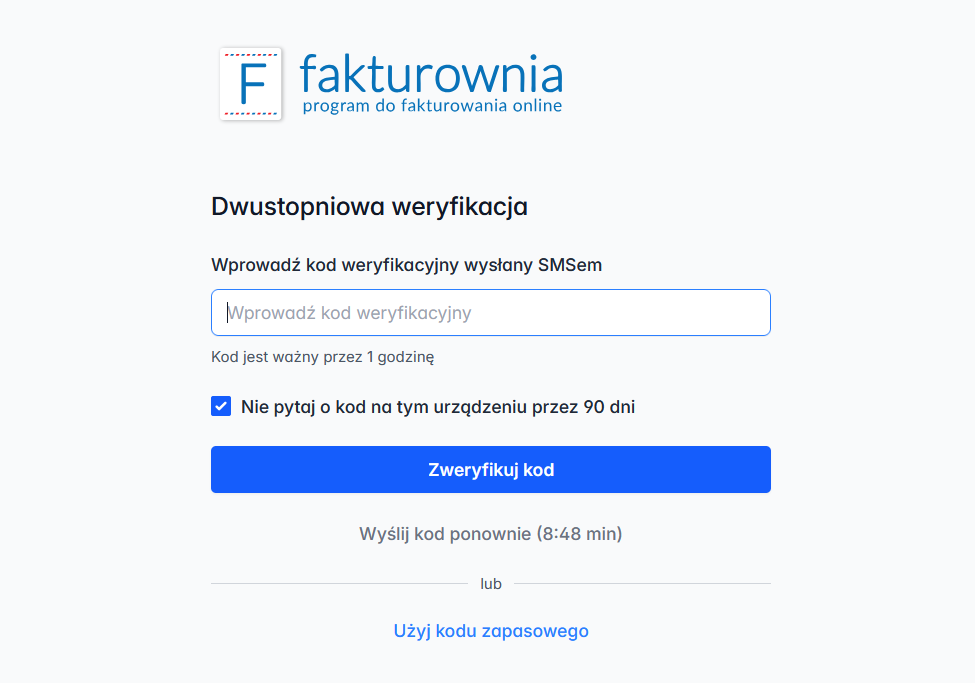 Panel logowania do systemu z aktywną dwustopniową weryfikacją SMS, polem na kod weryfikacyjny i przyciskiem 'Zweryfikuj kod'.