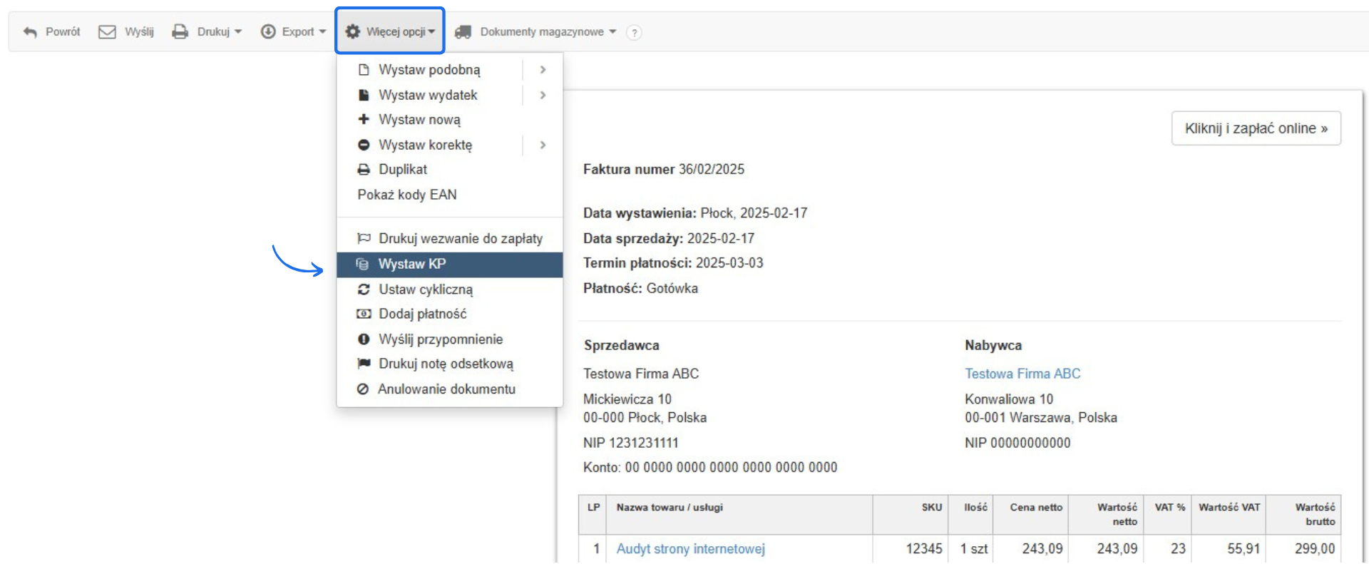 Widok faktury z zaznaczoną opcją „Wystaw KP” dostępną w menu „Więcej opcji” nad dokumentem sprzedaży.