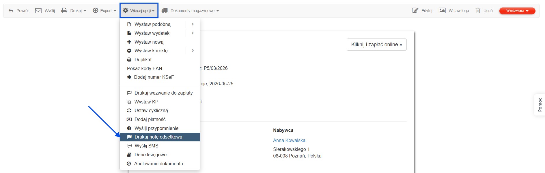 Podgląd nieopłaconej faktury z opcją wydruku noty odsetkowej.