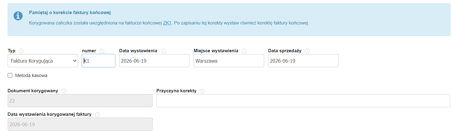 Komunikat systemowy na formularzu korekty faktury zaliczkowej powiązanej z fakturą końcową.