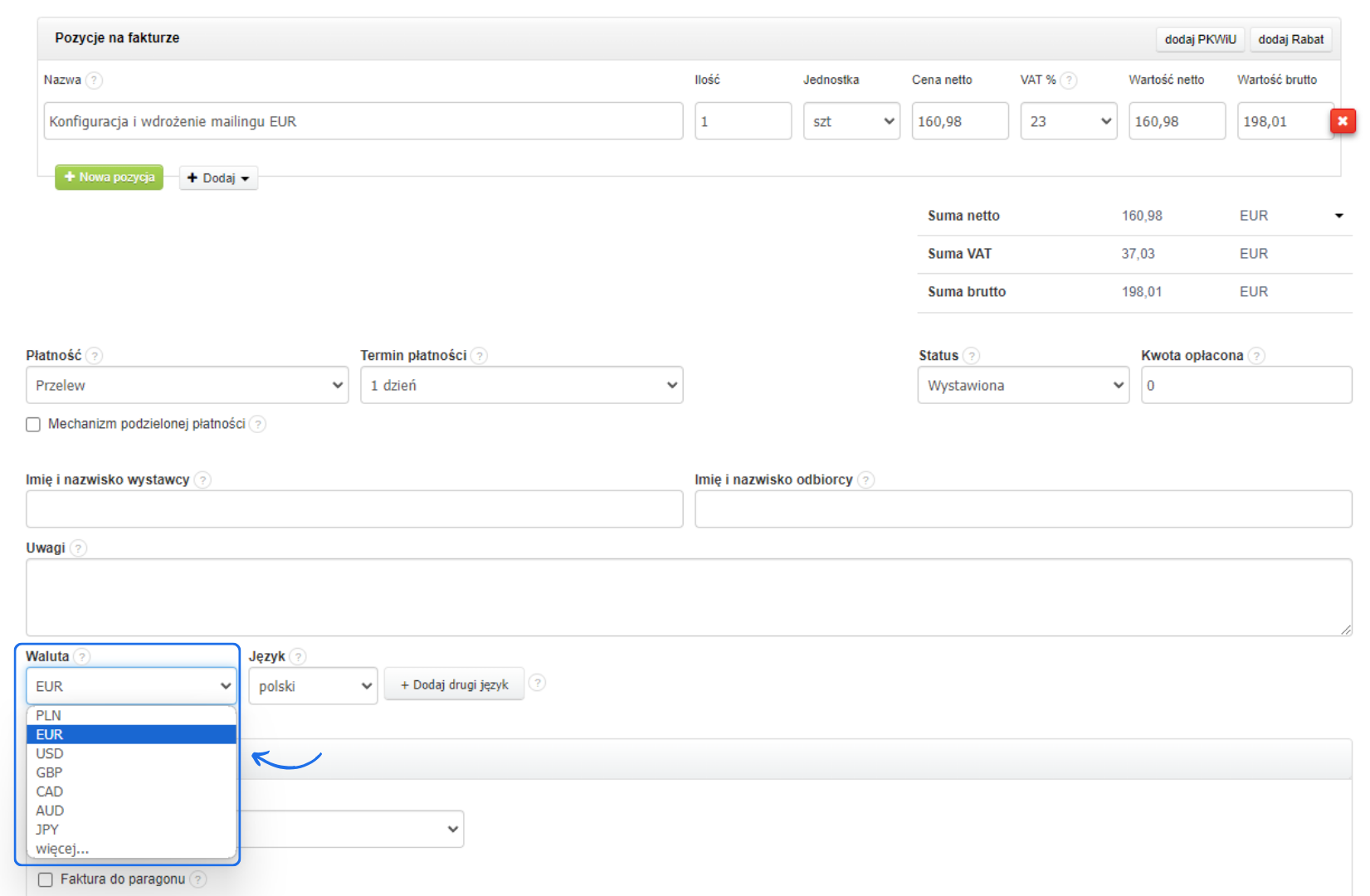 Formularz tworzenia faktury sprzedażowej za usługę konfiguracji mailingu z możliwością określenia waluty głównej dokumentu.