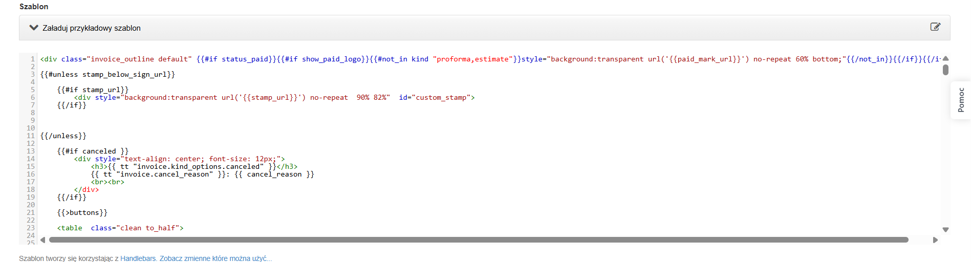 Edytor szablonu faktury z wypełnionym polem HTML i opcją Załaduj przykładowy szablon