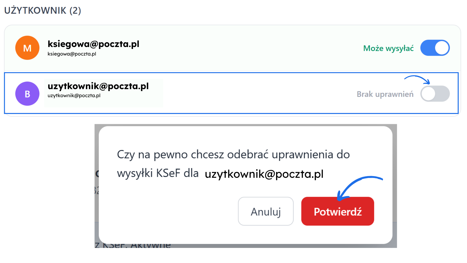 Zarządzanie użytkownikami KSeF z uprawnieniami wysyłki oraz okno „Czy na pewno chcesz odebrać uprawnienia