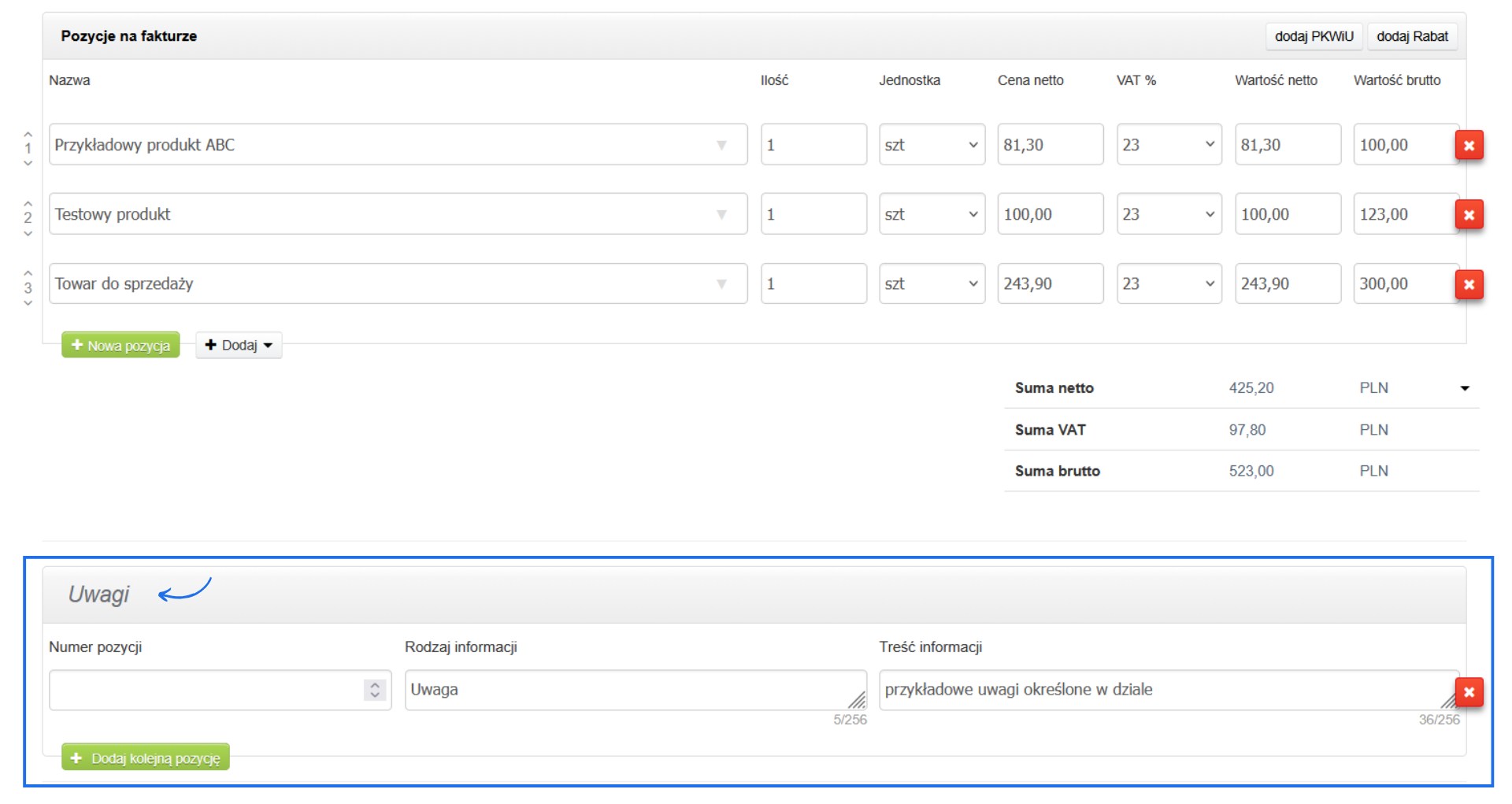 Sekcja z pozycjami na fakturze i przykładową sprzedażą wraz z sekcją uwagi zgodnie ze schemą KSeF.