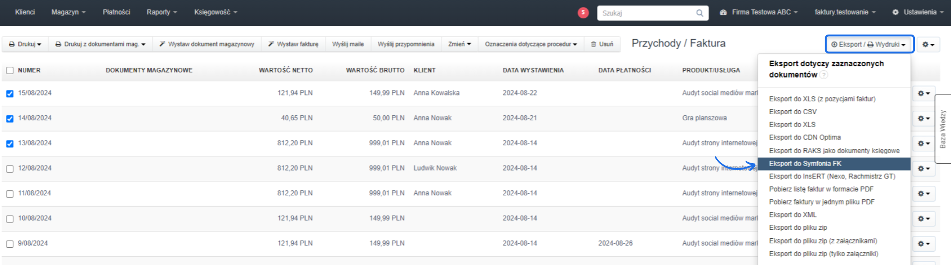 Ekran z listą faktur w panelu zarządzania przychodami z wybranymi fakturami do eksportu, menu rozwijane z opcją eksportu do Symfonia FK.