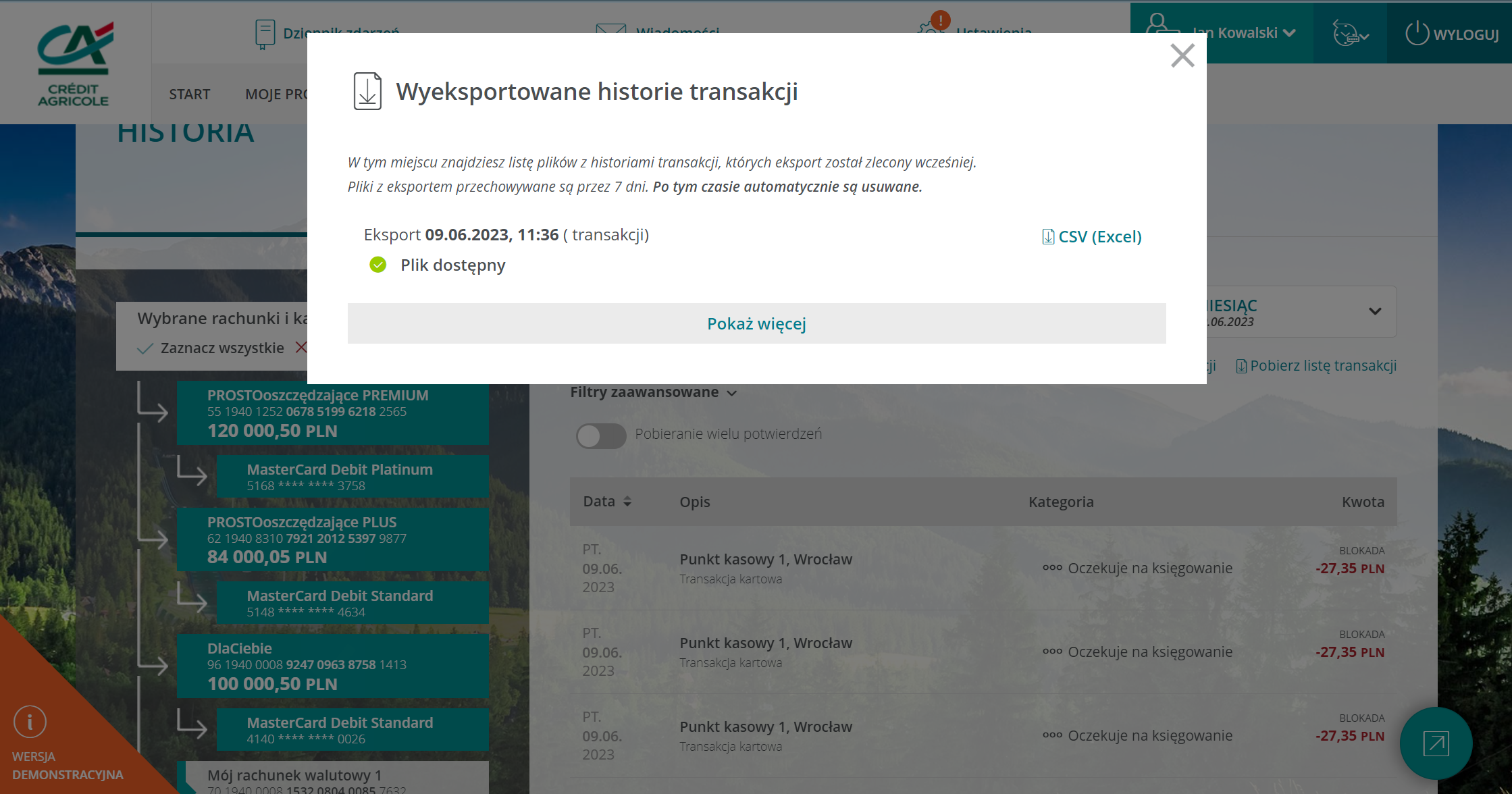 Konto w banku Credit Agricole z możliwością eksportu transakcji do pliku CSV w celu zaimportowania płatności do systemu Fakturownia.