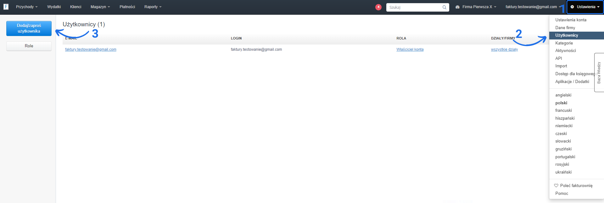 Interfejs zarządzania użytkownikami w Fakturowni, pokazujący listę użytkowników z przyciskami do dodawania użytkowników i zarządzania ich rolami.