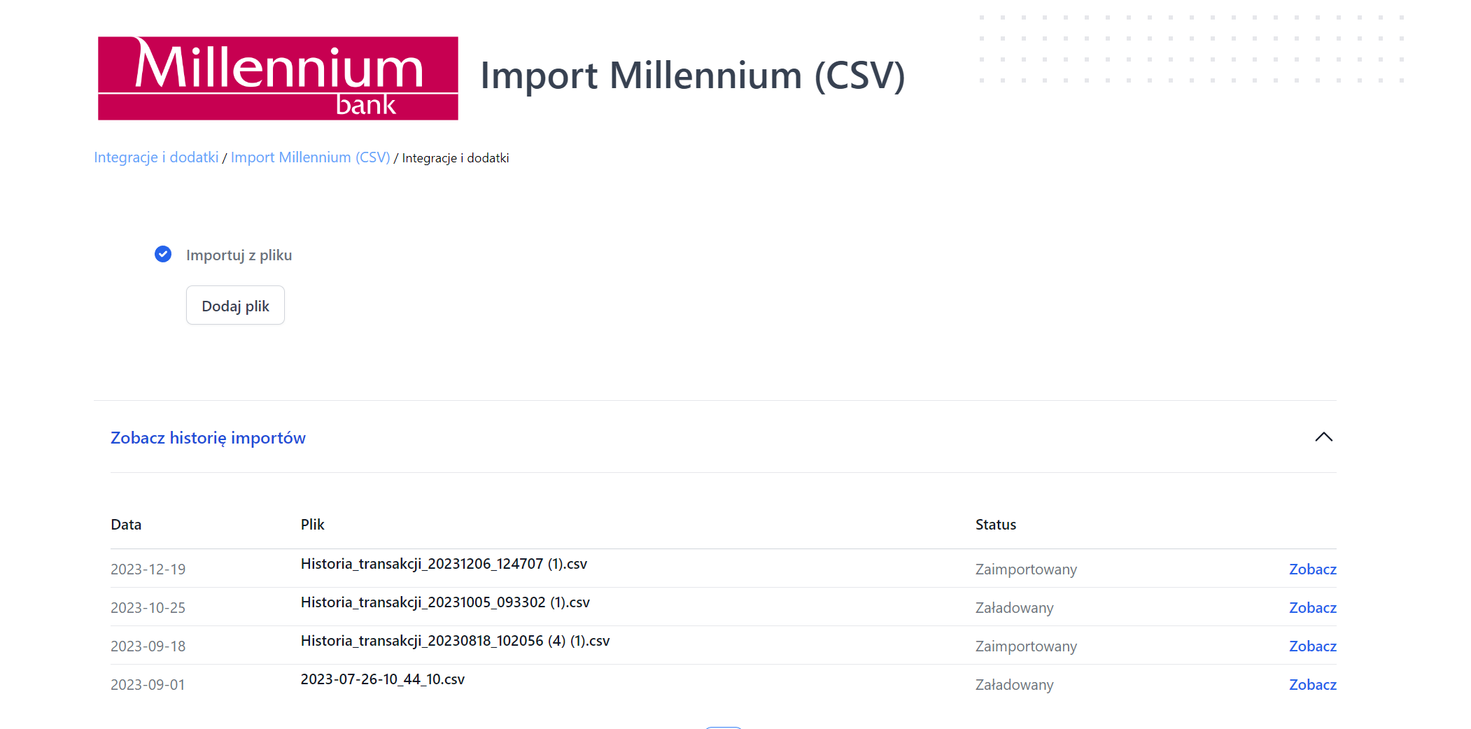 Aplikacja do importu płatności z banku Millennium wraz z historią zaimportowanych płatności.