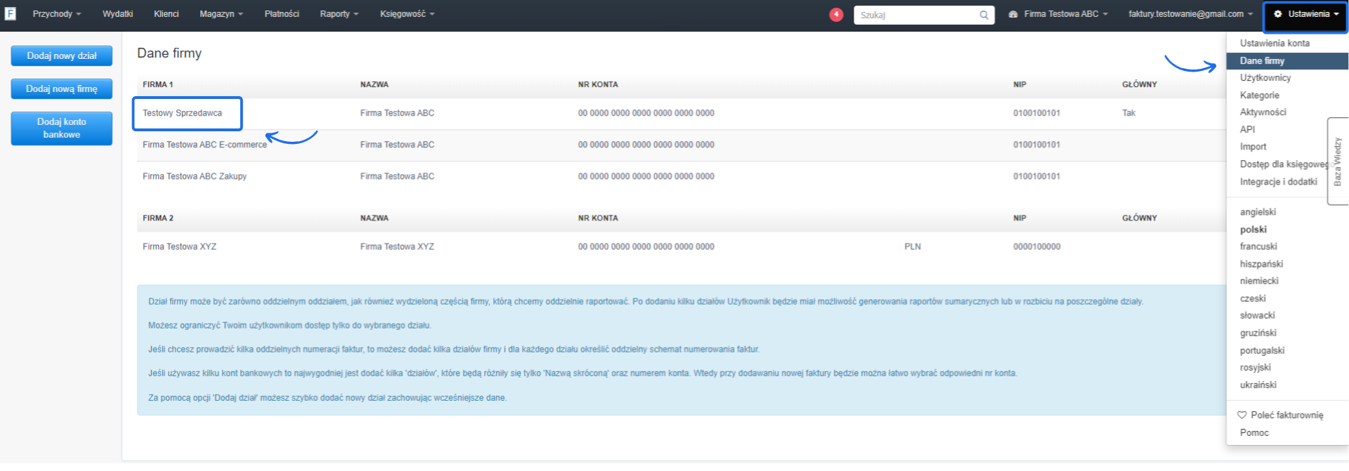 Ekran ustawień firmy w systemie Fakturownia, z zaznaczonym 'Testowy Sprzedawca' oraz opcjami dodania nowego działu, nowej firmy i konta bankowego po lewej stronie.