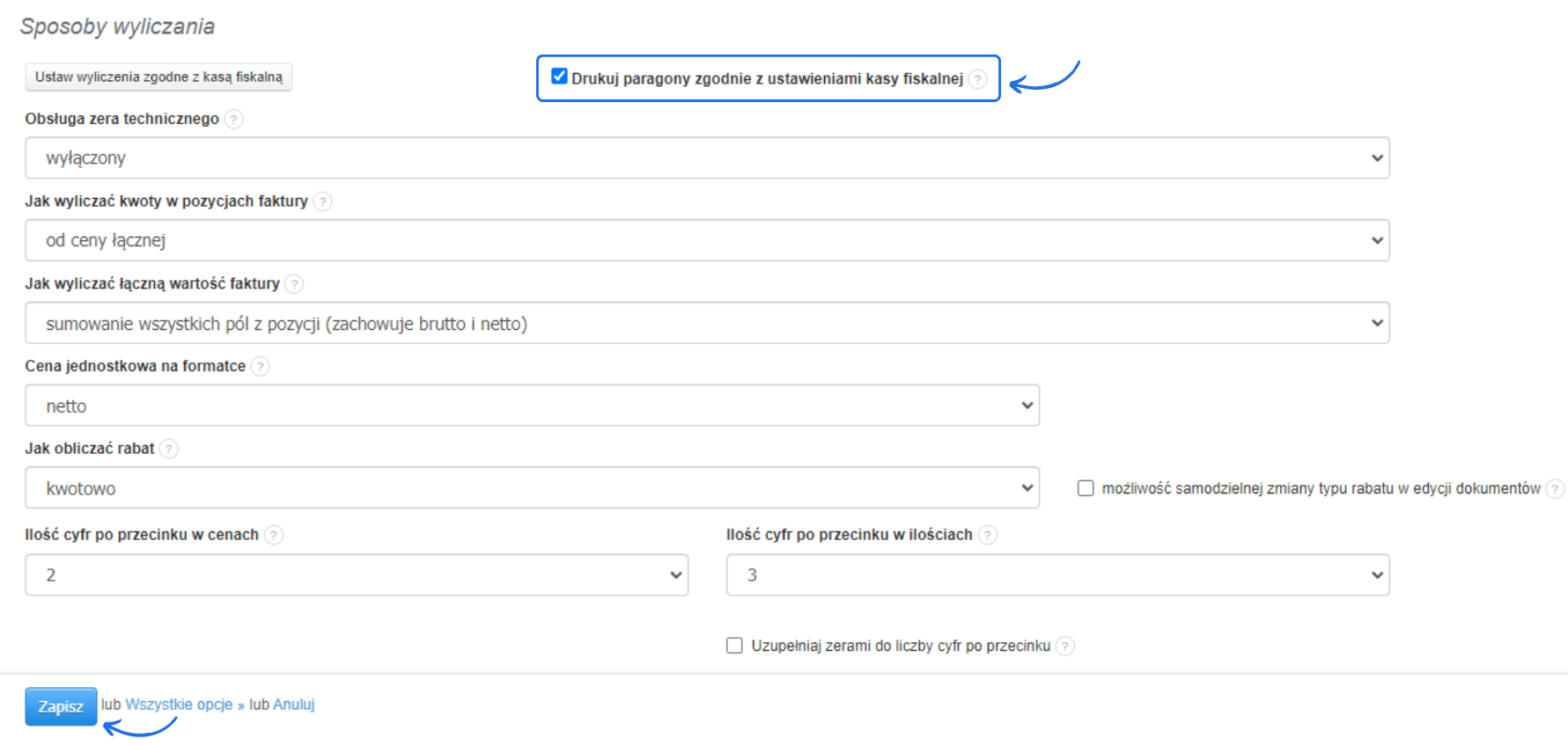 Ekran ustawień w Fakturowni, pokazujący opcje wyliczania oraz zaznaczoną opcję 'Drukuj paragony zgodnie z ustawieniami kasy fiskalnej'.