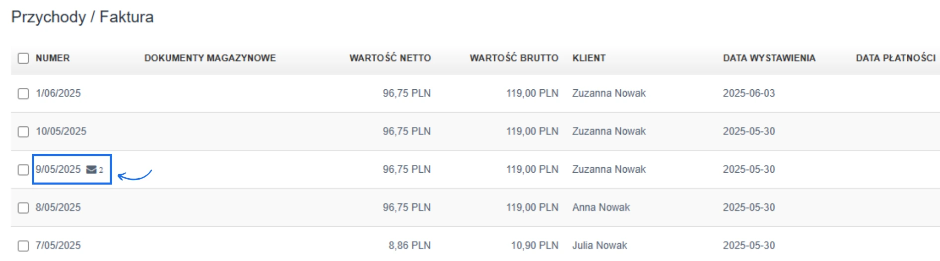 Lista faktur z widoczną liczbą wysłanych powiadomień e-mail (2) dla faktury numer 9/05/2025 na kwotę 119,00 PLN brutto.