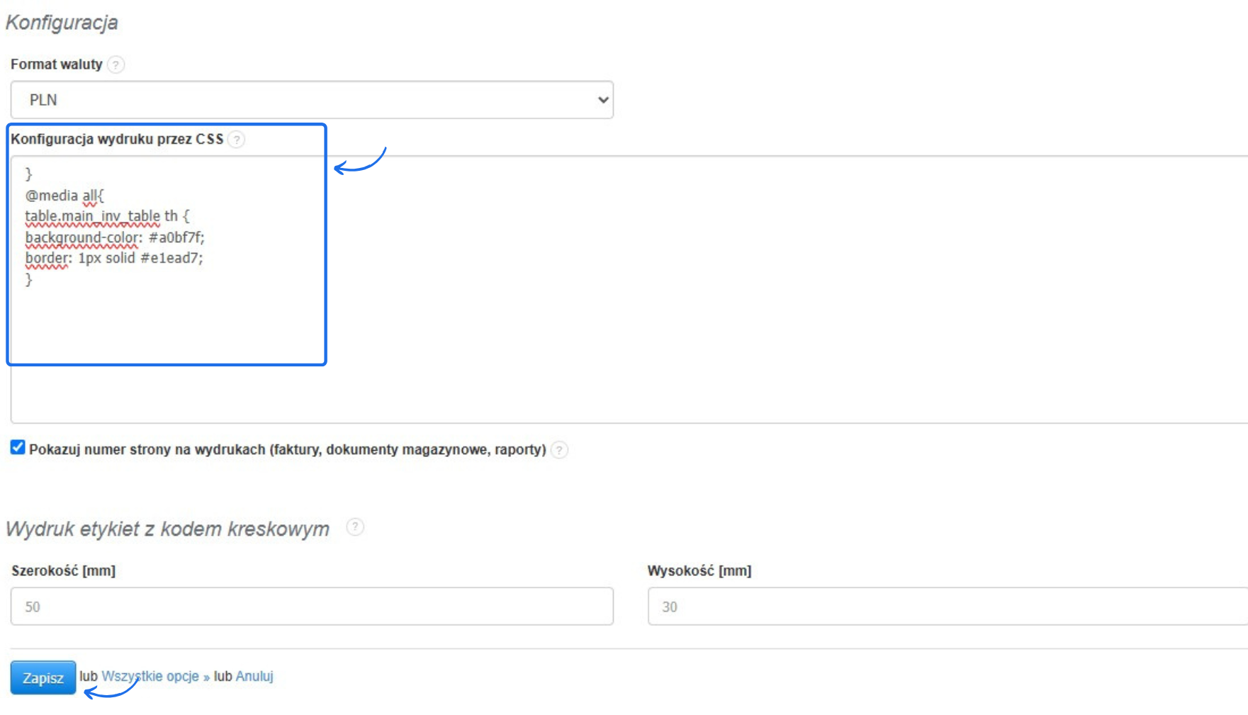 Sekcja konfiguracji CSS w systemie fakturowym z kodem zmieniającym kolor tła i obramowanie nagłówków tabel.