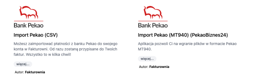 Opcje importu płatności z Banku Pekao do Fakturowni: Import CSV oraz MT940  dla automatycznego przypisywania płatności do faktur.
