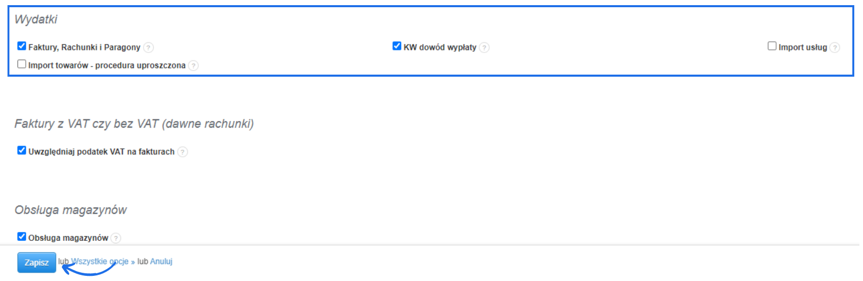 Opcje zarządzania wydatkami, fakturami, magazynami i importem usług w systemie faktur online.