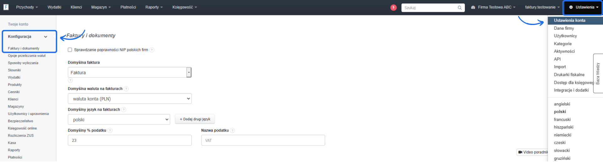 Panel ustawień konta w systemie, sekcja konfiguracji faktur i dokumentów z opcjami dotyczącymi domyślnej waluty, języka i stawki VAT.