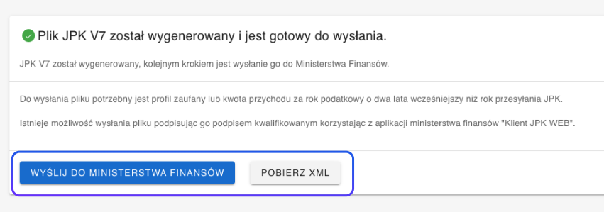 Plik JPK V7 wygenerowany i gotowy do wysłania, opcje: wyślij do Ministerstwa Finansów lub pobierz XML w systemie do zarządzania finansami