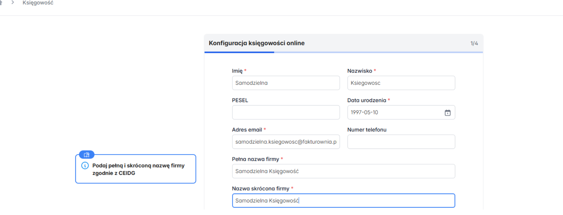 Konfiguracja modułu samodzielna księgowość z polami do uzupełnienia danych firmy niezbędnych do prawidłowych wyliczeń.