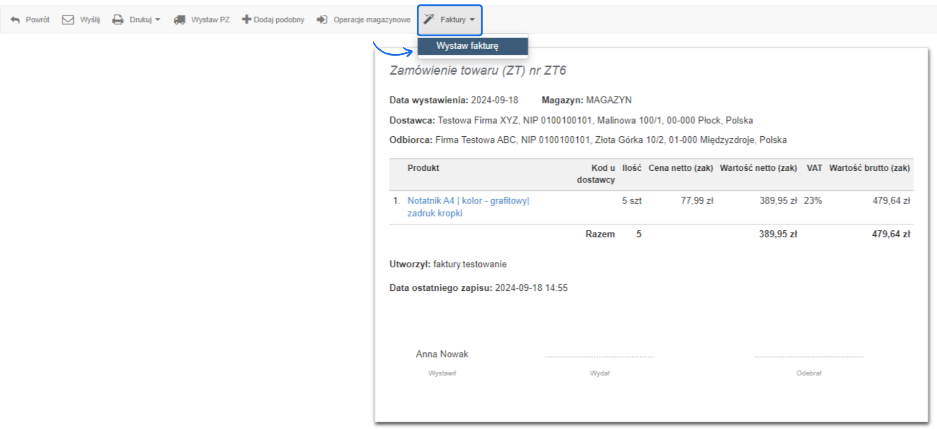 Zamówienie towaru ZT6, notatnik A4 grafitowy, 5 sztuk, cena netto 389,95 zł, wartość brutto 479,64 zł, faktura dla Firma Testowa ABC.