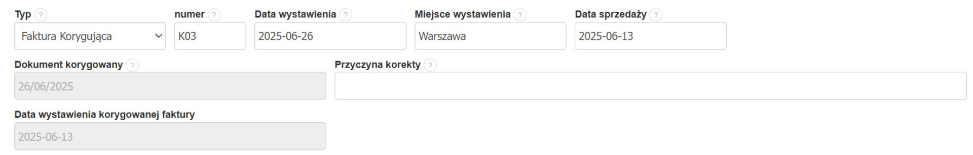 Wyszarzone pola wskazujące na brak możliwości edycji danych w polu dokument korygowany i data wystawienia dokumentu korygowanego. 