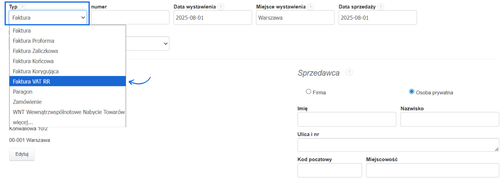 Ekran dodawania nowego wydatku w systemie Fakturowania, z rozwijanym menu wyboru typu dokumentu, gdzie wybrano opcję Faktura RR.