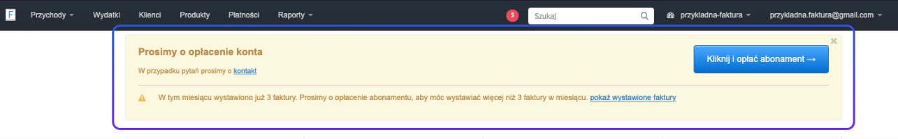 Komunikat o konieczności opłacenia konta po wystawieniu 3 darmowych faktur w Fakturownia.pl z przyciskiem do opłacenia abonamentu.