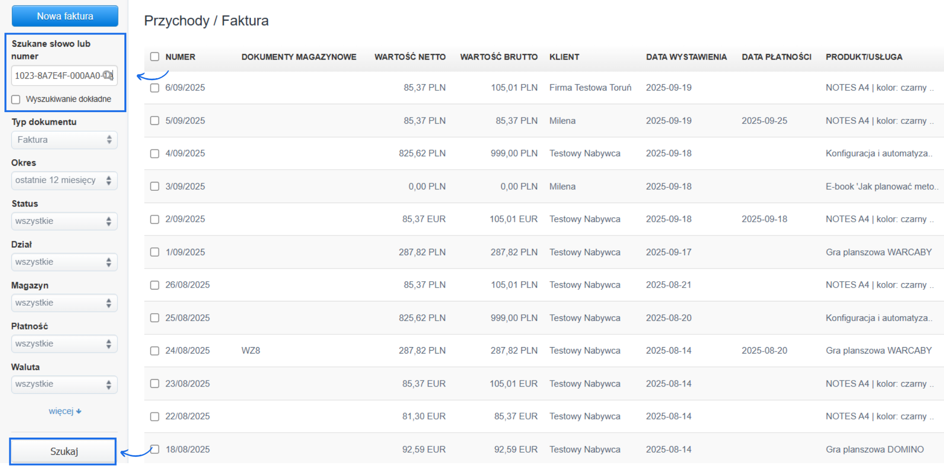 Lista faktur wystawionych w systemie do fakturowania online z wpisanym w pole wyszukiwania numerem KSeF.