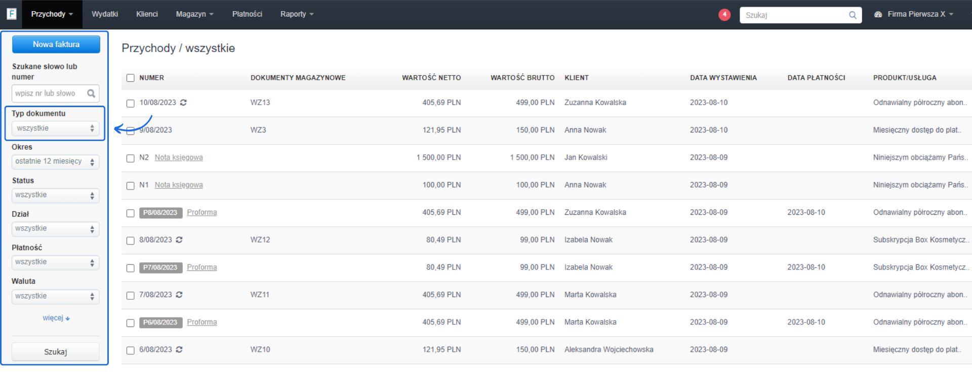 Ekran zarządzania przychodami z listą faktur, ich wartościami netto i brutto, klientami oraz datami wystawienia i płatności.