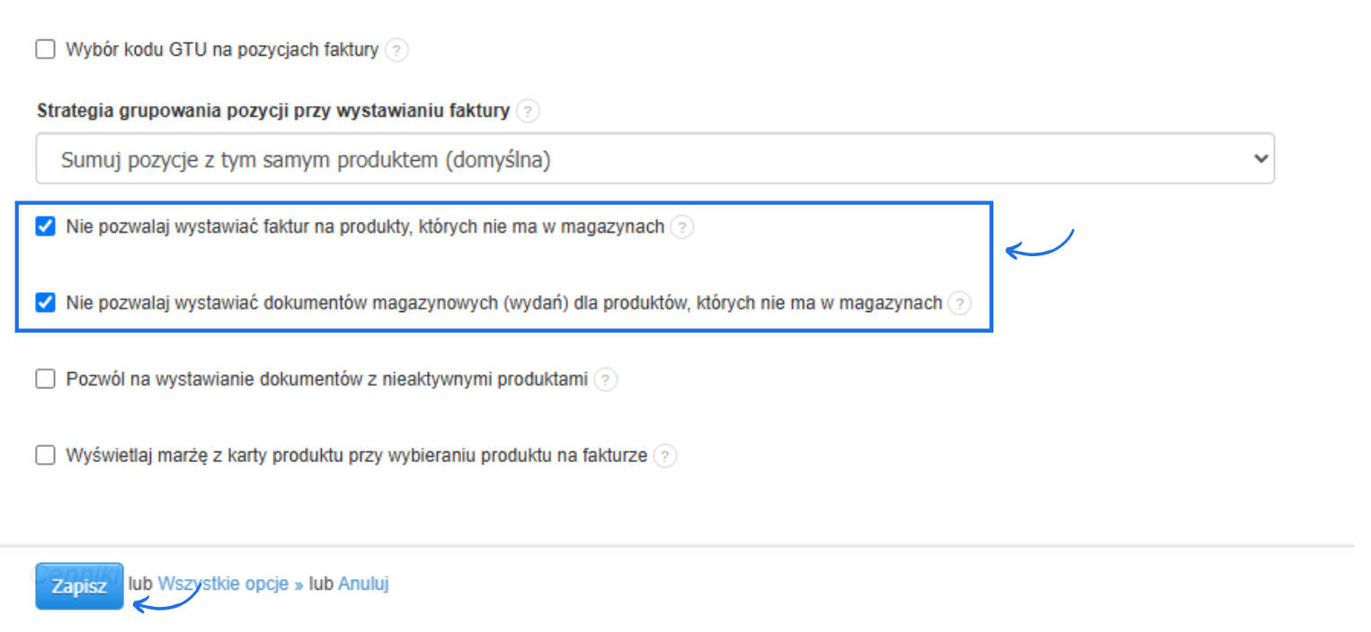 Zabezpieczenia przed wystawianiem dokumentów z produktami, których nie ma na magazynie dostępne w ustawieniach konta w Fakturowni.