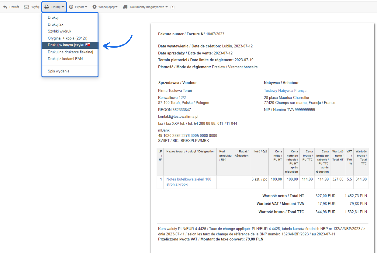 Podgląd faktury z aktywną opcją drukuj > drukuj w innym języku, która dostępna jest z poziomu menu podręcznego. 