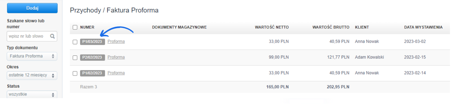 Lista faktur proforma z numerami, datami wystawienia, wartościami netto i brutto oraz nazwiskami klientów.