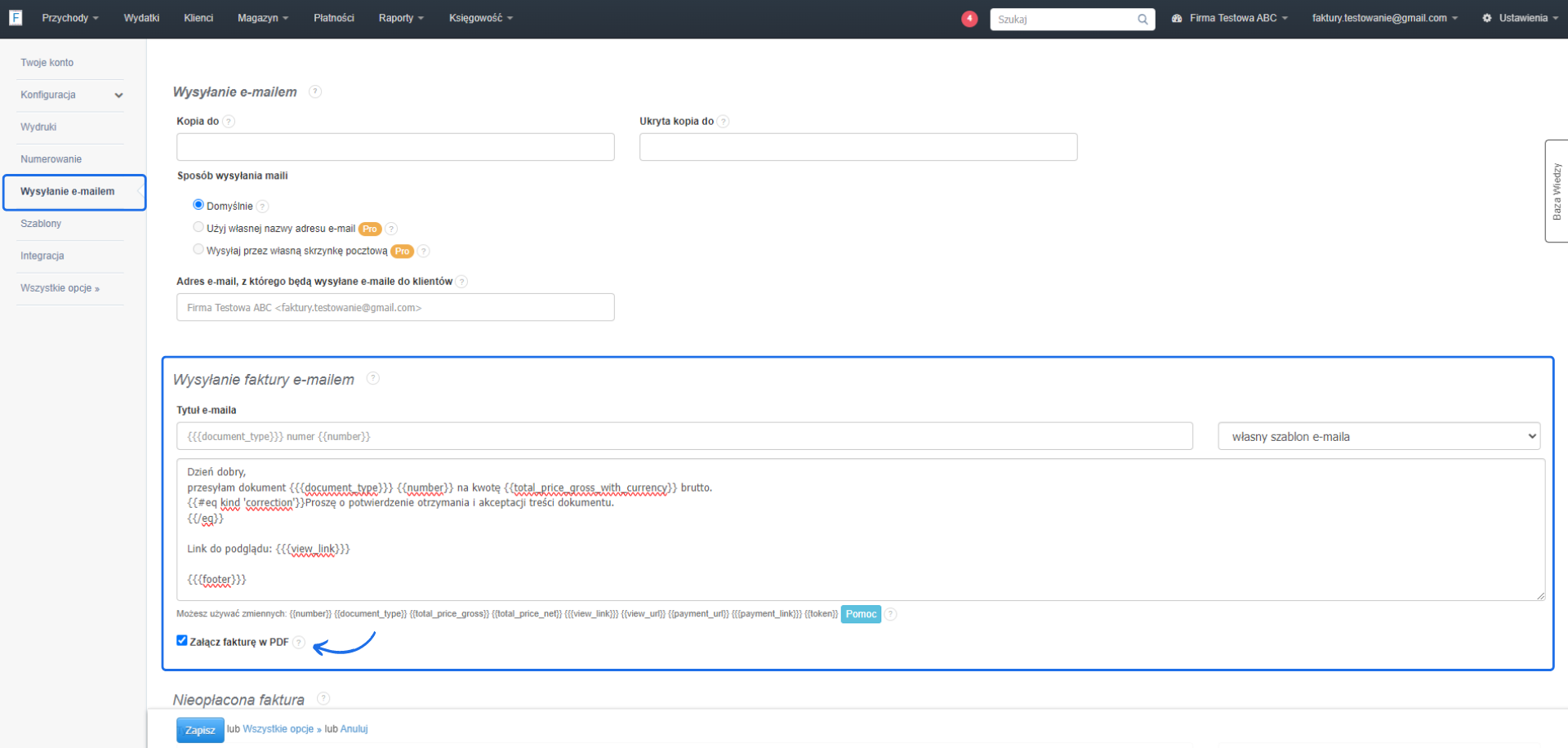 Interfejs konfiguracji wysyłania faktur e-mailem z polami dla adresu e-mail, szablonu treści i opcji załączania faktury w PDF.