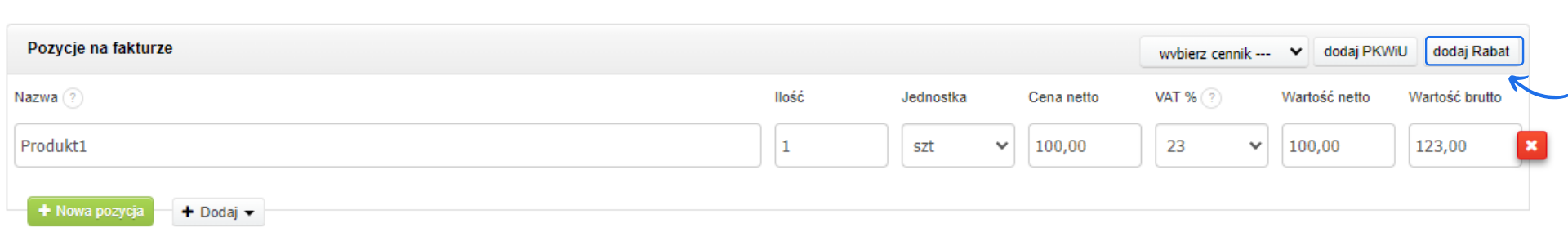 Formularz tworzenia faktury z przykładową pozycją i możliwością dodania kolumny rabat dla pozycji.