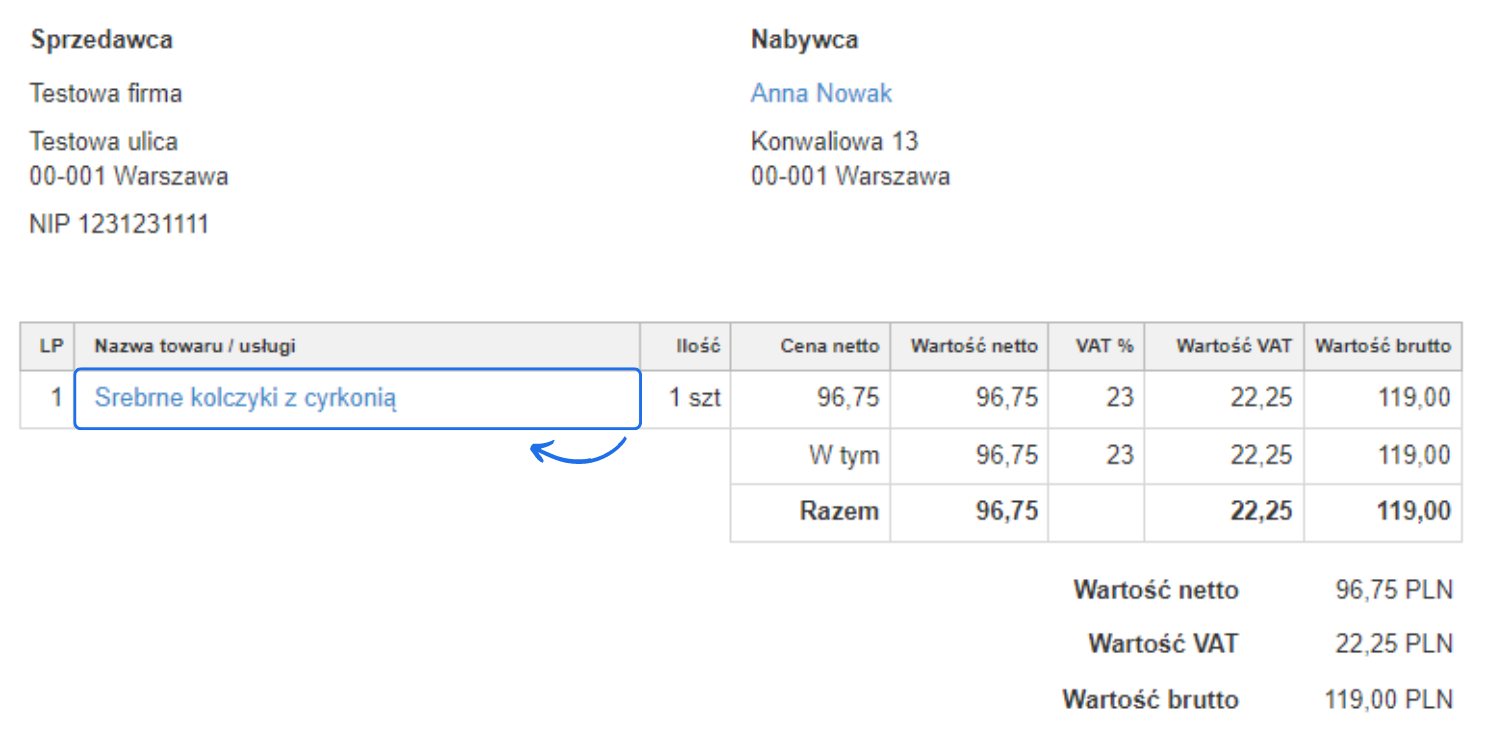 Faktura sprzedażowa z widocznymi danymi sprzedawcy, nabywcy oraz szczegółami zakupu produktu 'Srebrne kolczyki z cyrkonią' o wartości brutto 119,00 PLN.