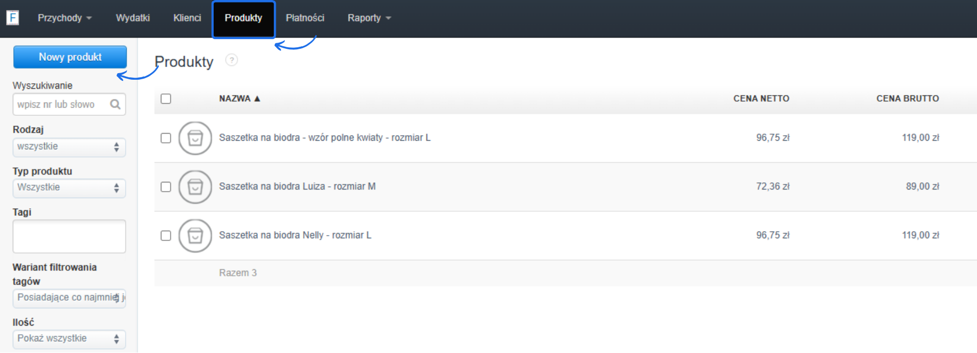 Lista produktów w systemie zarządzania sprzedażą. Zaznaczona zakładka 'Produkty' oraz przycisk 'Nowy produkt'.