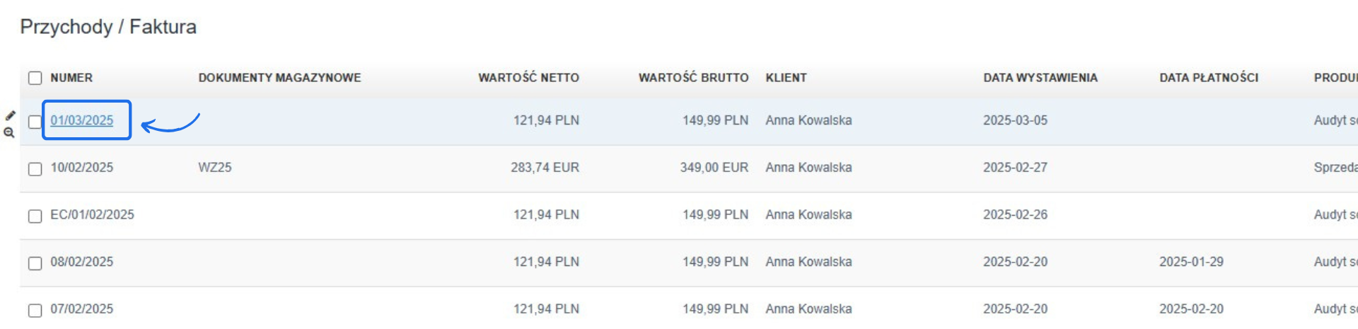 Lista faktur w systemie Fakturownia, z wyróżnionym numerem dokumentu 01/03/2025, wartościami netto i brutto oraz danymi klienta.