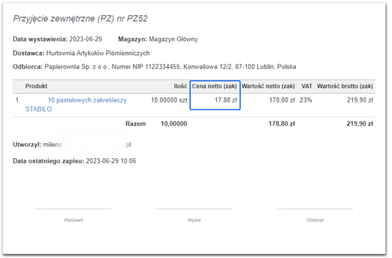Dokument PZ z nową ceną zakupu netto 17,88 zł dla produktu 10 pastelowych zakreślaczy STABILO w systemie magazynowym.