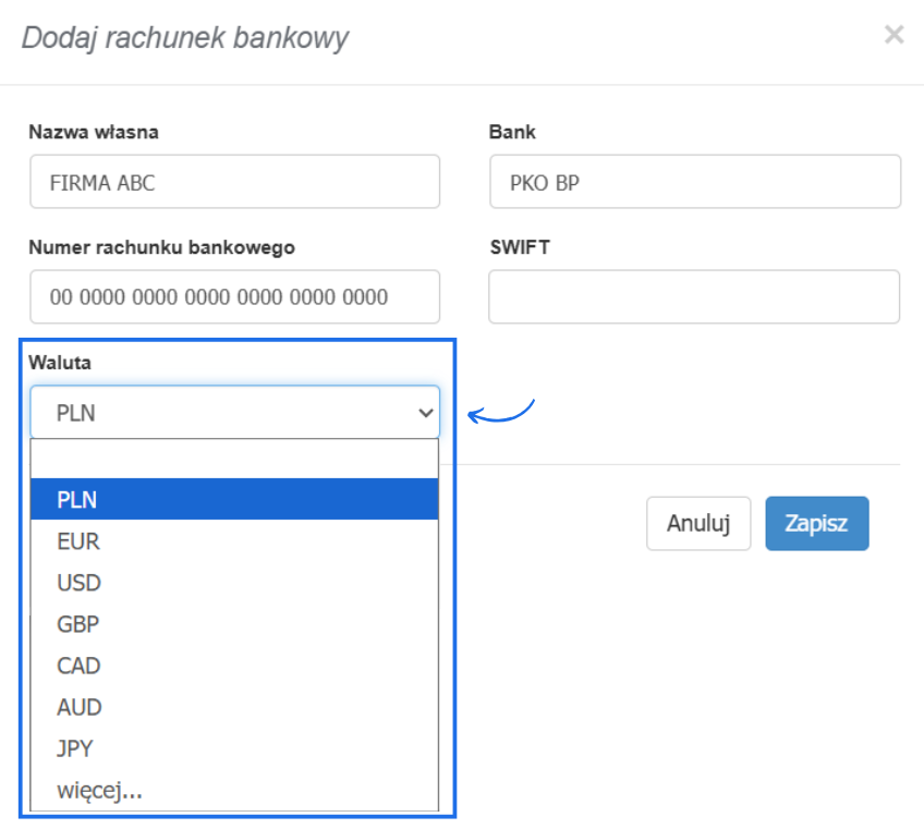 Formularz tworzenia rachunku bankowego w Fakturowni z aktywną listą walut, do przypisania zgodnie z walutą konta bankowego.