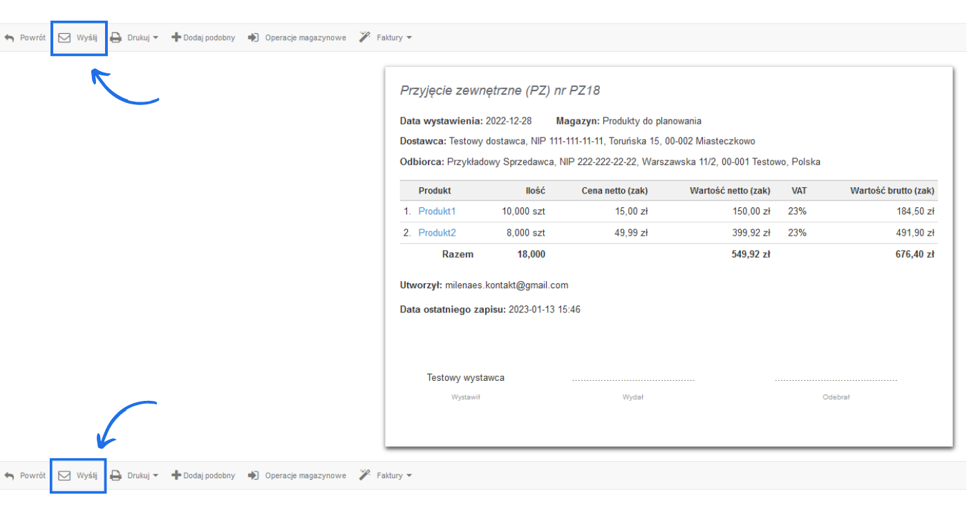 Dokument magazynowy PZ z przyciskiem Wyślij do e-maila i listą produktów z cenami i VAT