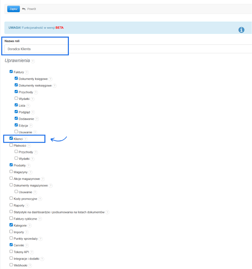 Lista uprawnień do nadania dla użytkownika przy tworzeniu własnej roli - w tym przypadku doradcy klienta z aktywną opcją klienci.
