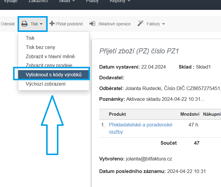 Vytisknout z kody vyrobku