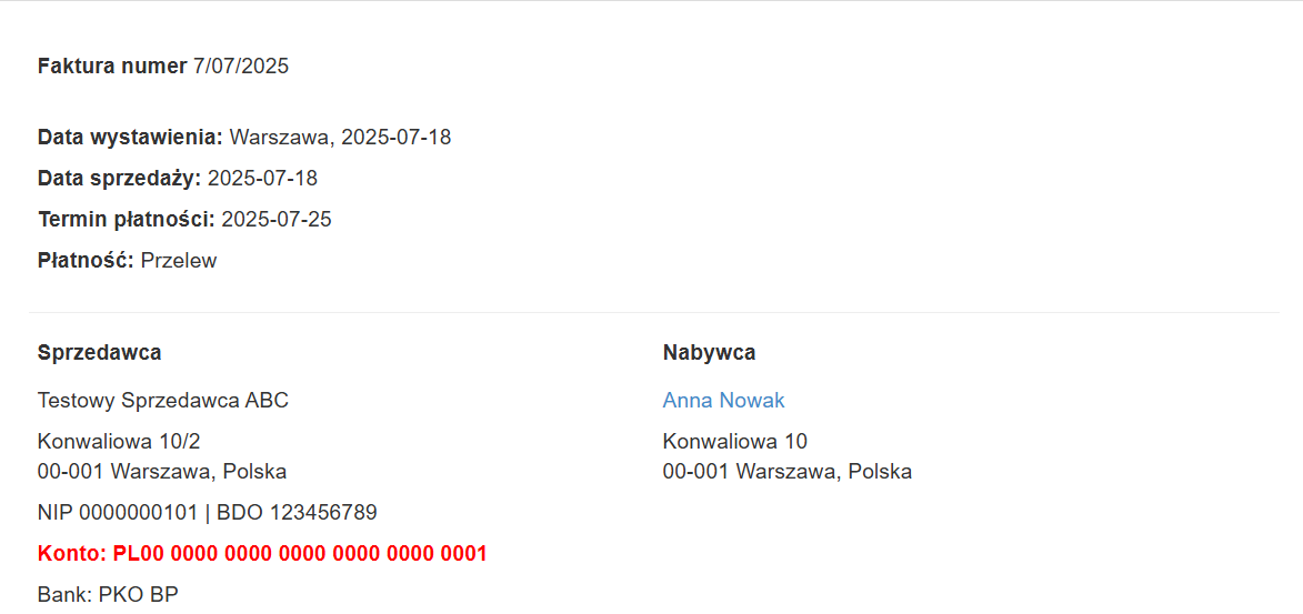 Przykład faktury, na której zmieniono kolor wiersza z numerem konta.