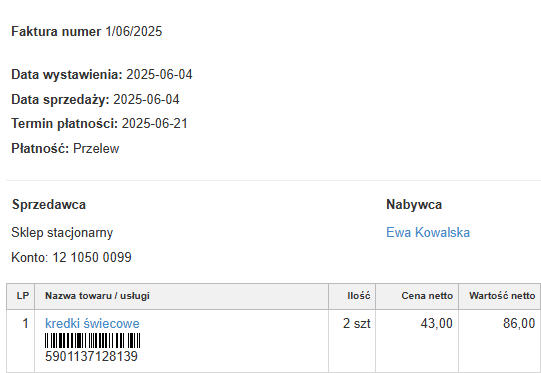 Faktura sprzedaży dla produktu „kredki świecowe” z kodem EAN i ceną netto za sztukę.