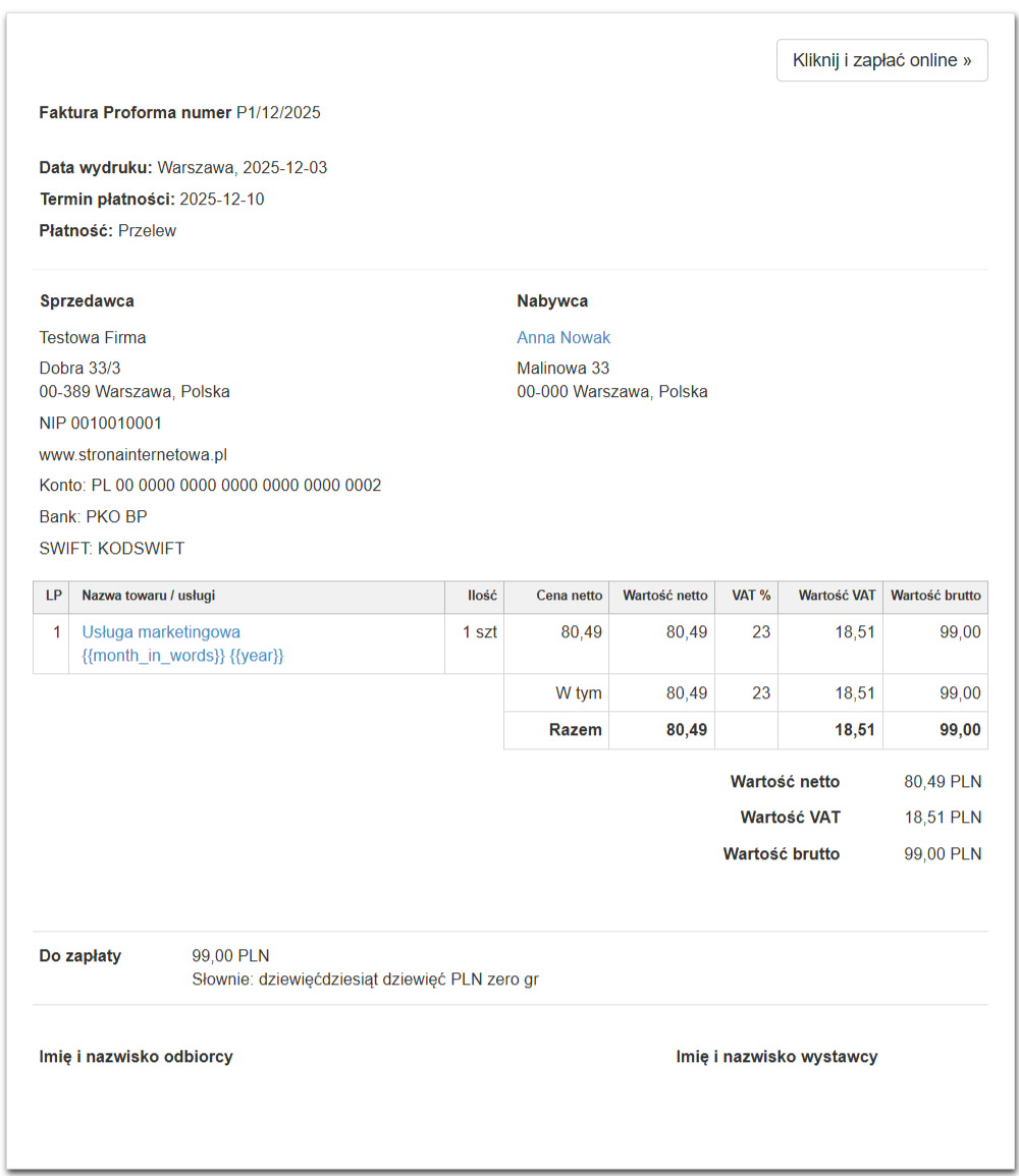 Przykład faktury proforma wystawionej za usługę marketingową ze zmiennymi w pozycji, które zaczytają informacje na kolejnych dokumentach.