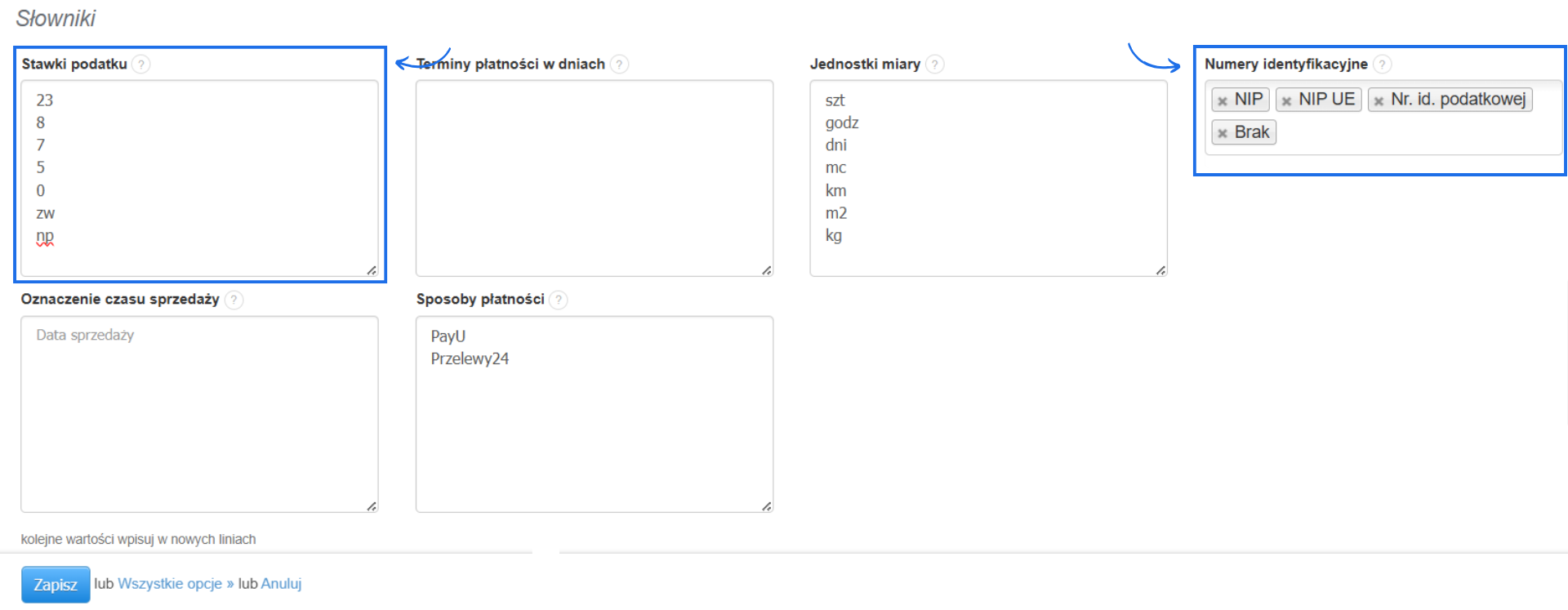 Lista słowników w systemie do fakturowania online z możliwością dodania własnej stawki podatku, nazwy dla numery identyfikacyjnego czy oznaczeń czasu sprzedaży.