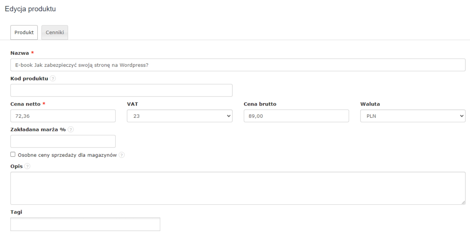 Formularz edycji produktu z nazwą „E-book Jak zabezpieczyć swoją stronę na Wordpress?”, ceną netto 72,36 PLN i VAT 23%.