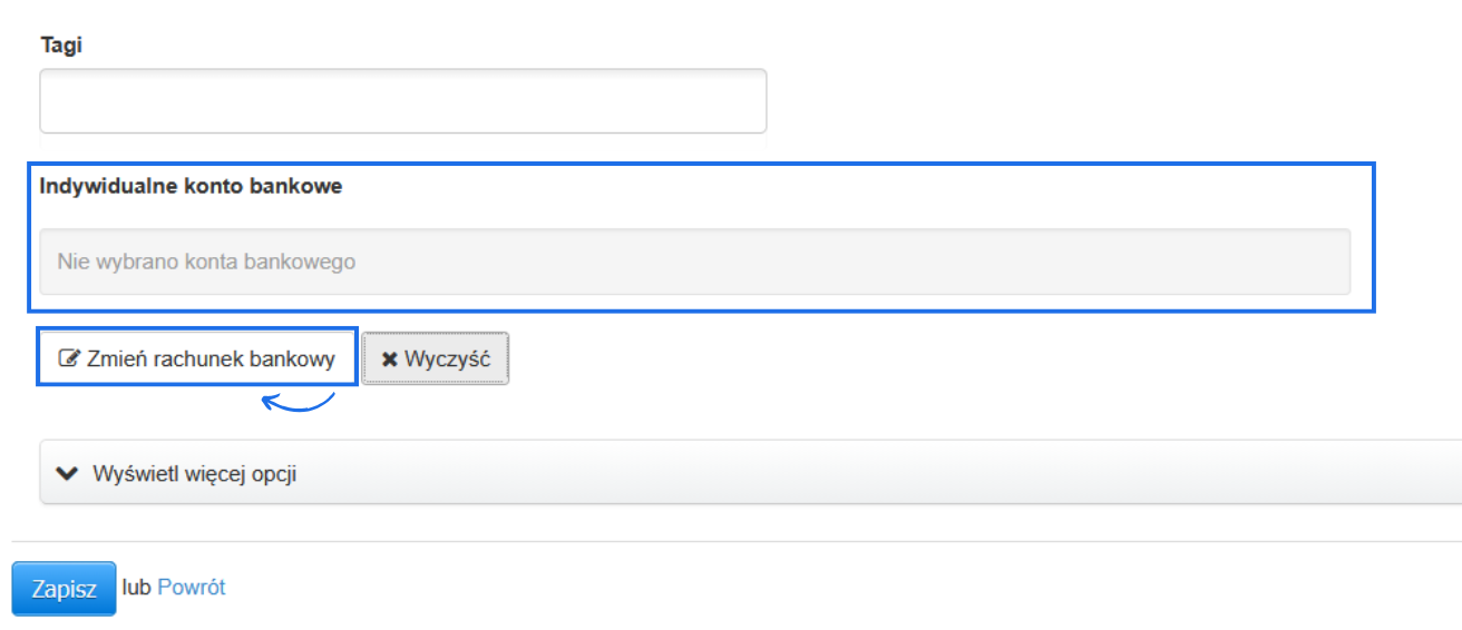 Formularz danych w karcie klienta z możliwości ustalenia indywidualnego rachunku bankowego w ramach opcji 'płatności masowe'.